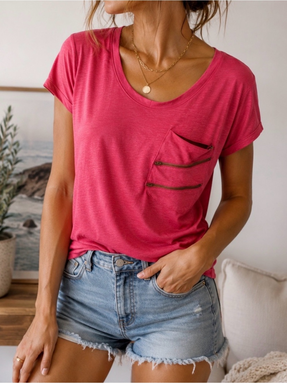 Hot Pink Zip Pocket Soft Tee LNA Nordstrom Size M